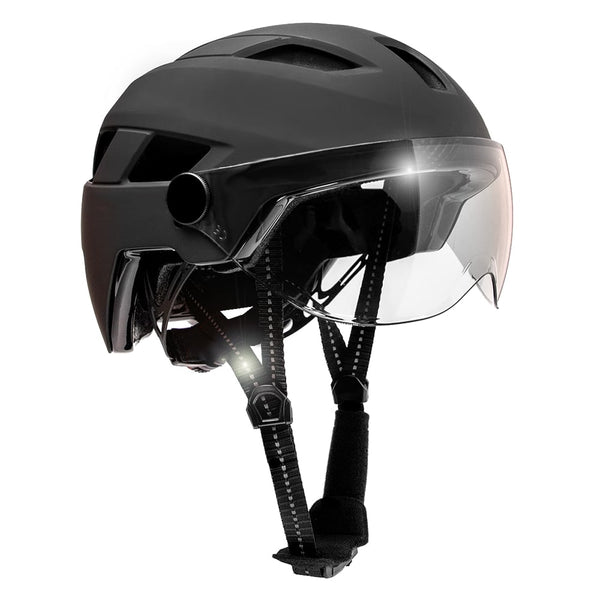 OAK E-Bike bicycle helmet with UV visor, LED lights, reflective straps, and Fidlock buckle