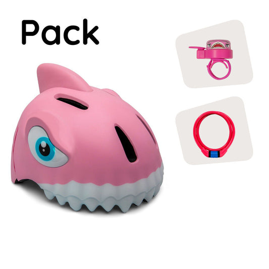 Product bundle: Pink Shark Bicycle Helmet, lock and shark Bell for Children