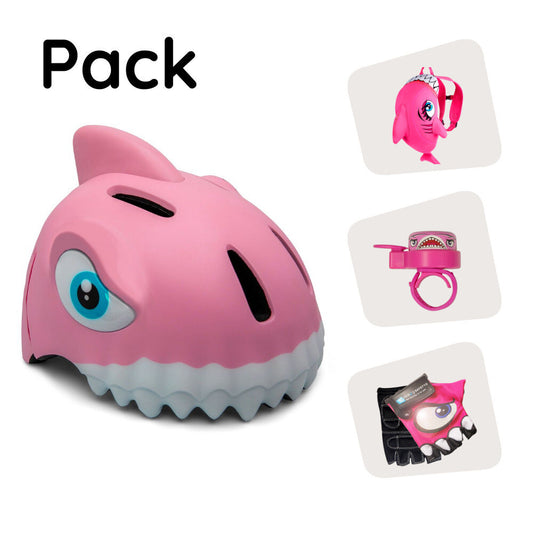  Ensemble de produits : Casque de vélo requin rose, sac à dos requin, gants de cyclisme requin et sonnette requin pour enfants 