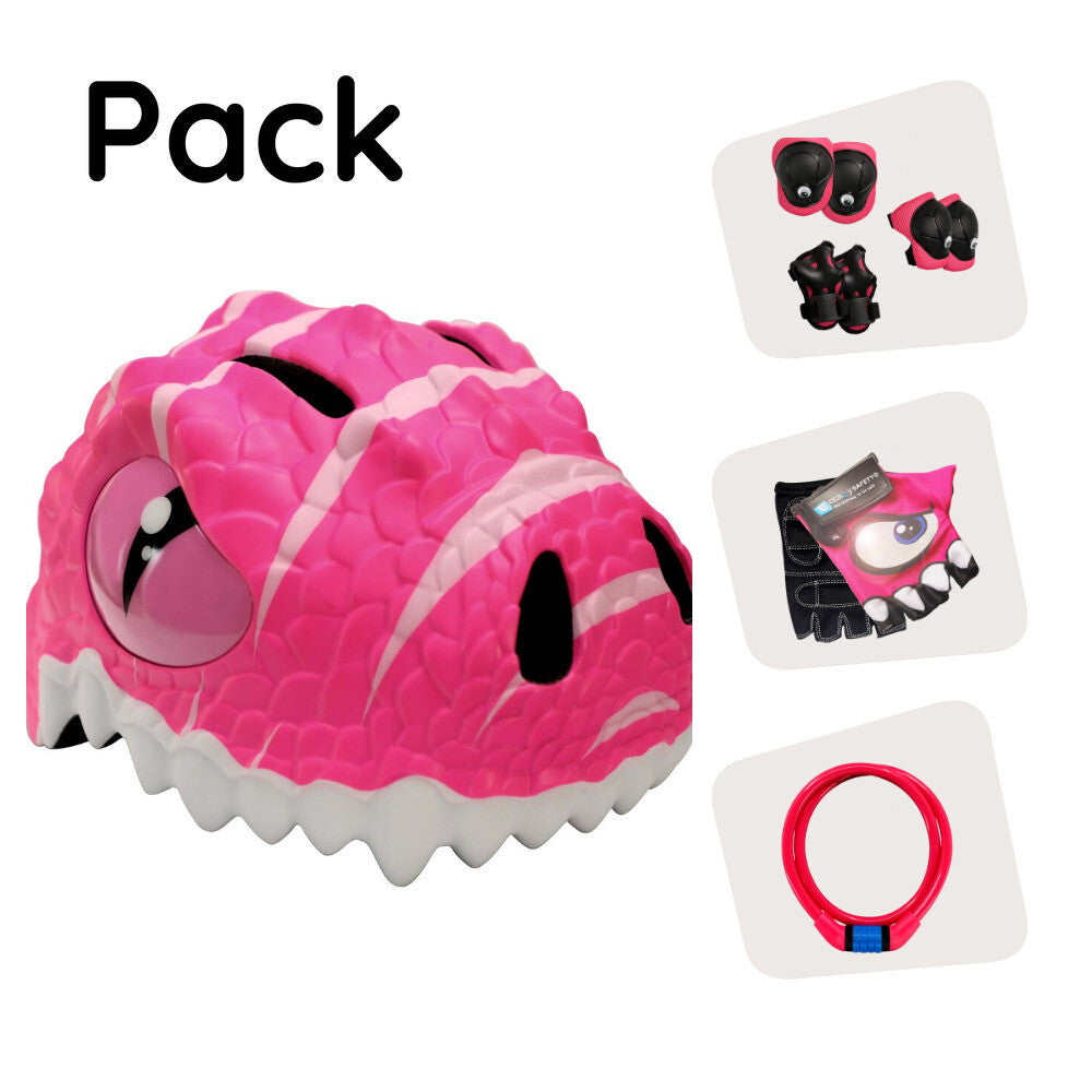  Ensemble de produits : casque de vélo dinosaure rose, équipement de protection, cadenas et gants de cyclisme pour enfants.