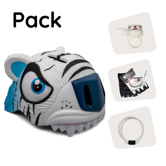  Pack produit : Casque de vélo tigre blanc, gants de cyclisme, antivol et sonnette tigre pour enfants 