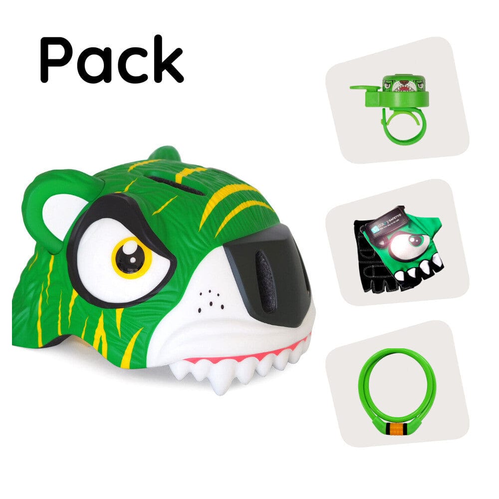 Crazy Safety Bicycle helmet Product bundle: Green tiger bike helmet, cycling gloves, lock, and tiger bell for children