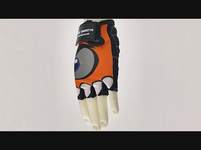 Orange Comfortable and Stylish Bicycle Gloves for Kids with Reflective Eye Design, Offering Safety and Fun on Every Ride