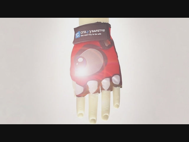 Red Comfortable and Stylish Bicycle Gloves for Kids with Reflective Eye Design, Offering Safety and Fun on Every Ride